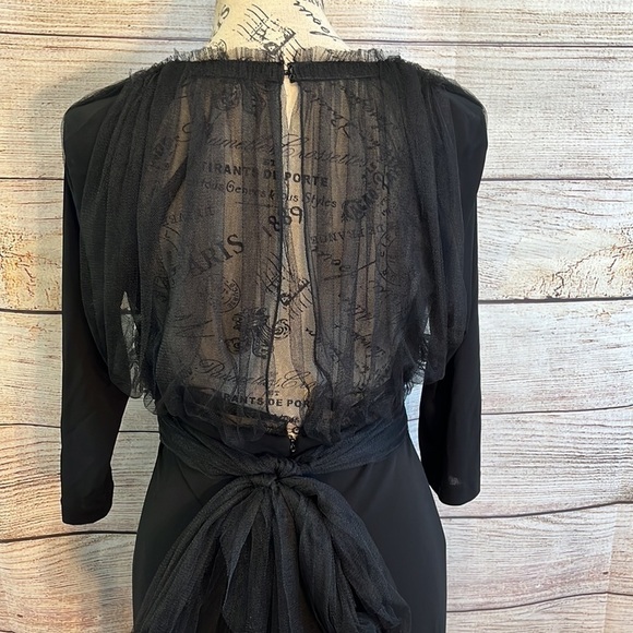 Lida Baday Cocktail Dress Tulle Bodice & Sash LBD V-neck 3/4 Sleeves Size Medium - Picture 2 of 11